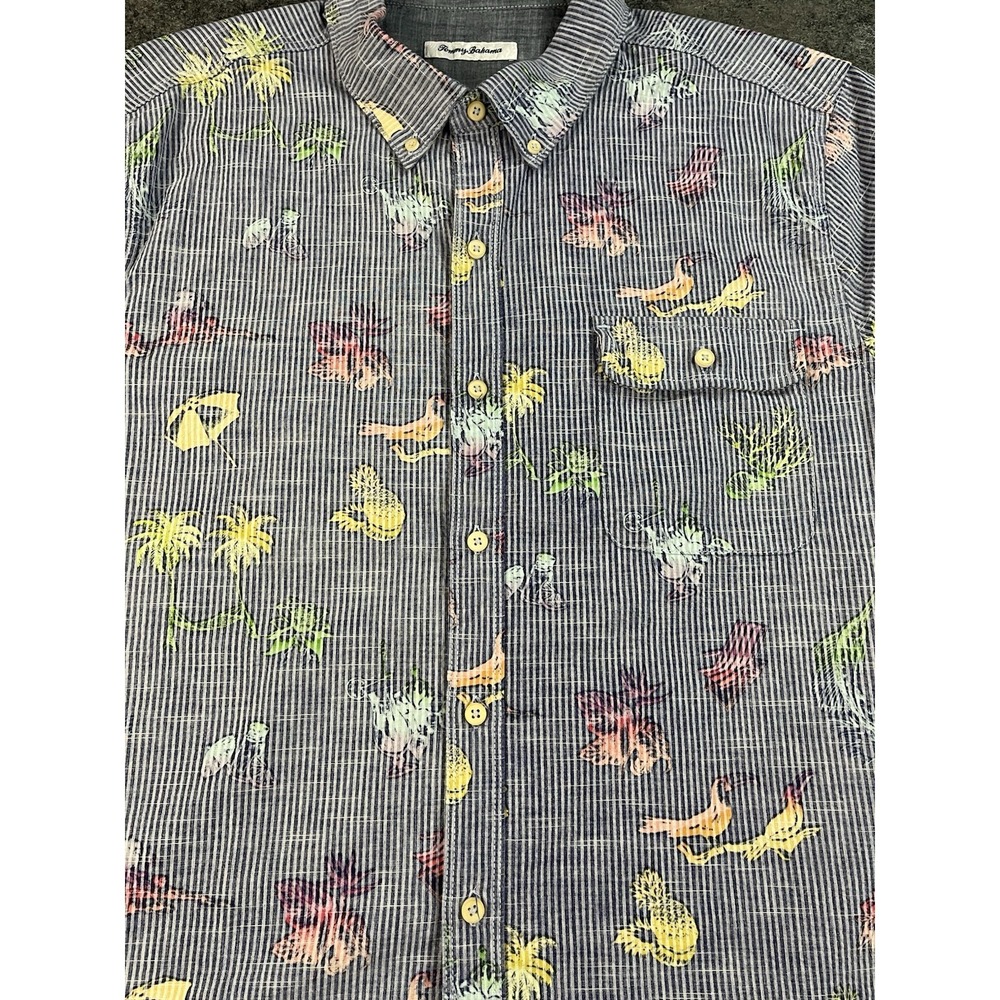 Tommy Bahama Mens XL Hawaiian Shirt Camp Striped Bird Cocktail AOP Tropical EUC - Picture 2 of 7